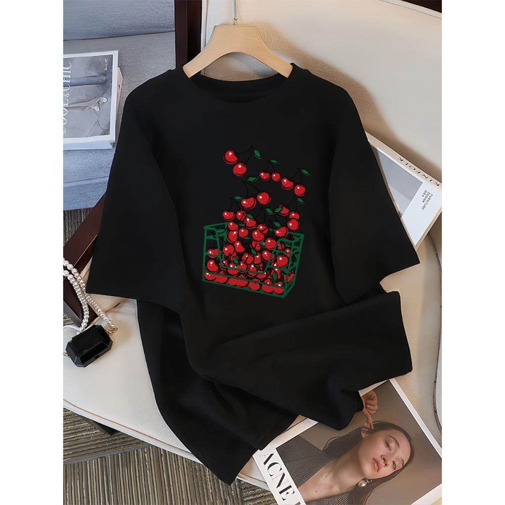 A Basket Of Cherries Printing Female Tee Shirt Breathable Casual T-Shirts Summer Short Sleeve Soft Loose Women