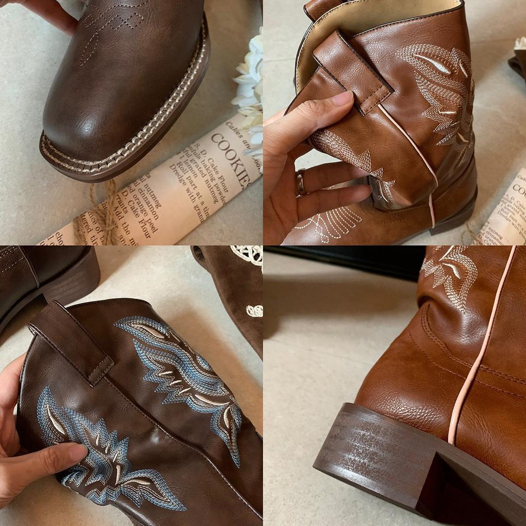 Cowhide~ Grape Ma Same Retro Embroidered Western Cowboy Boots Women's Square Head V-mouth Boots Thick Heel Medium Tube Knight Boots