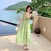 Women Green Floral Maxi Dress, Ruffle Sleeve Tiered Vacation Dress