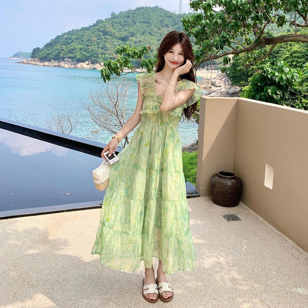 Women Green Floral Maxi Dress, Ruffle Sleeve Tiered Vacation Dress