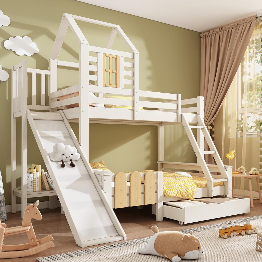Bunk Bed 90x200 & 140x200 Cm, House Bed with Drawer, Slide and Ladder, Children's Loft Bed, Log Cabin Design, EN747-1:2024 Safety (Without Mattress)