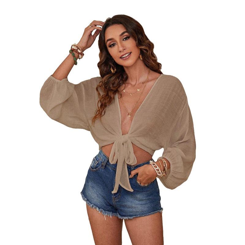 Пляжная блузка однотонная пляжная рубашка для бикини женская S хаки