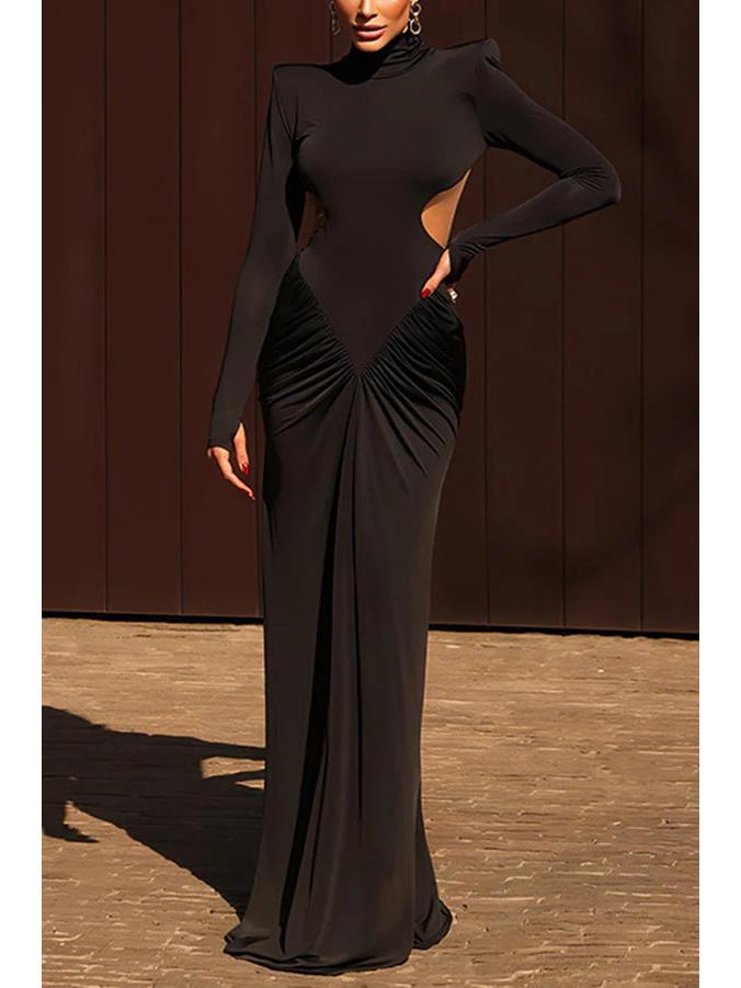 2026 Spring Slim Fit Backless Pleated Long Dress - Pure Color, Long Sleeve, Elegant Women's Clothing