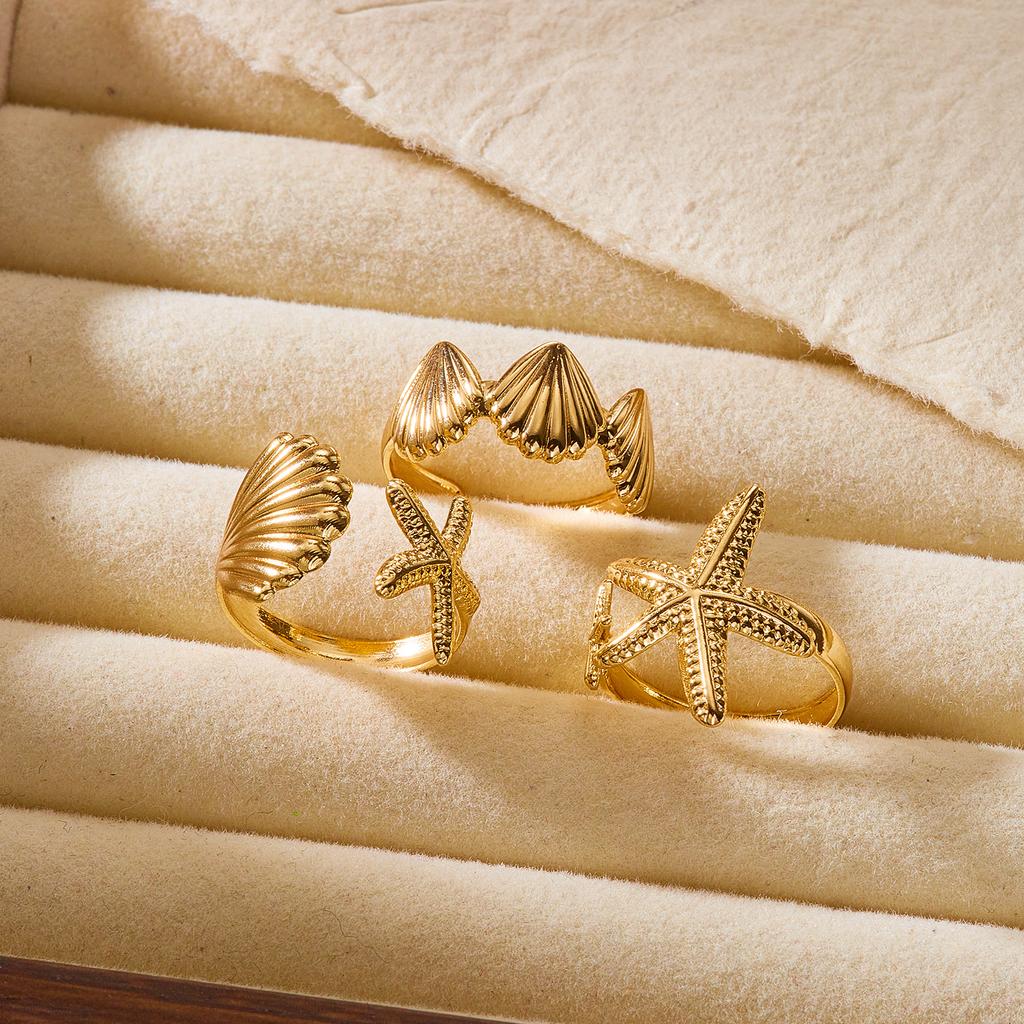 3Pcs/Set Starfish Scallop Adjustable Open Rings for Women Summer Trendy Geometric Gold Color Finger Rings Beach Party Jewelry