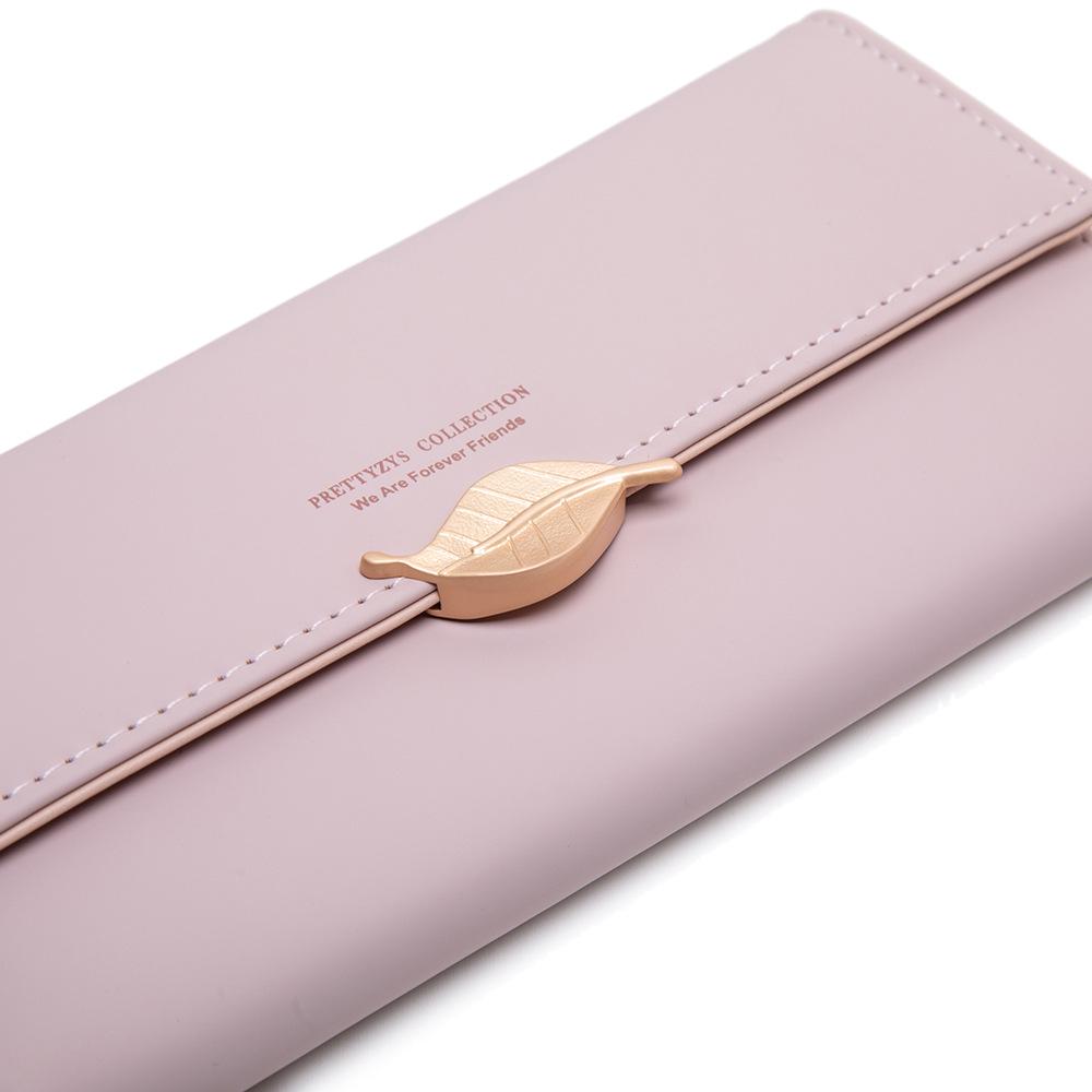 Women's Large Capacity PU Leather Long Wallet, Solid Color with Leaf Buckle – Japanese/Korean Style Clutch