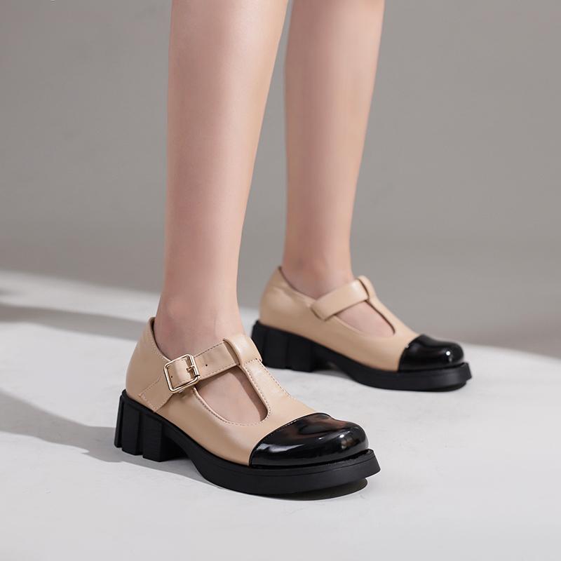Women Patent PU Leather Two Tone Mary Jane Shoes T Strap Chunky Heels Goth Pumps Kawaii Girls Platform Ladies