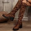 Fashion Western Brown Leopard Thigh High Boots for Women Back Lace Up Over-the-Knee Boots Thick High Heel Botas Largas Mujer Size 36-43