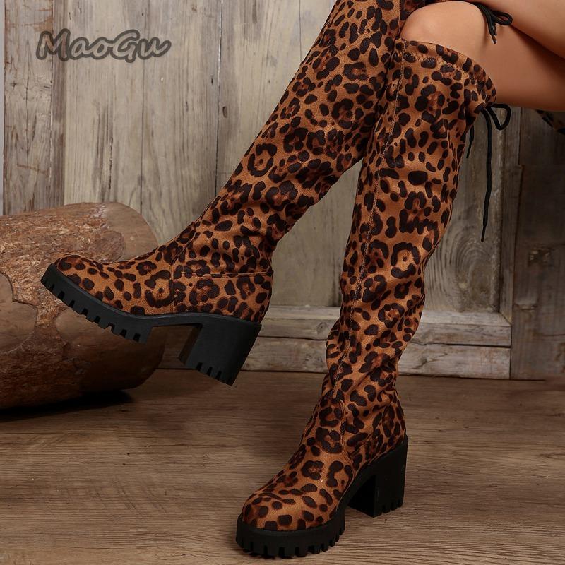 Fashion Western Brown Leopard Thigh High Boots for Women Back Lace Up Over-the-Knee Boots Thick High Heel Botas Largas Mujer Size 36-43