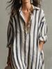European & American Striped V-neck Summer Shirt Dress with 3/4 Sleeves