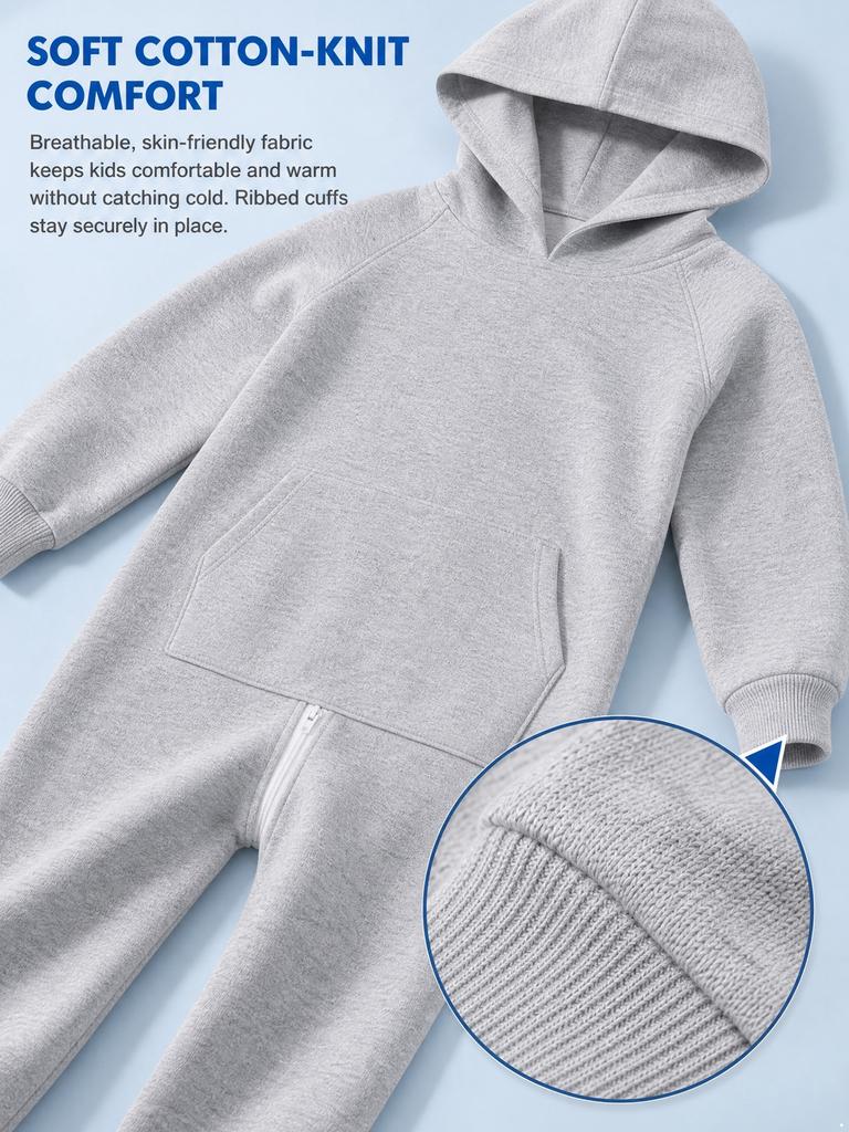 Boys Girls Adaptive Hooded One Piece Jumpsuit Long Sleeve Back Crotch Zip Bodysuit with Pocket for Outdoor Play