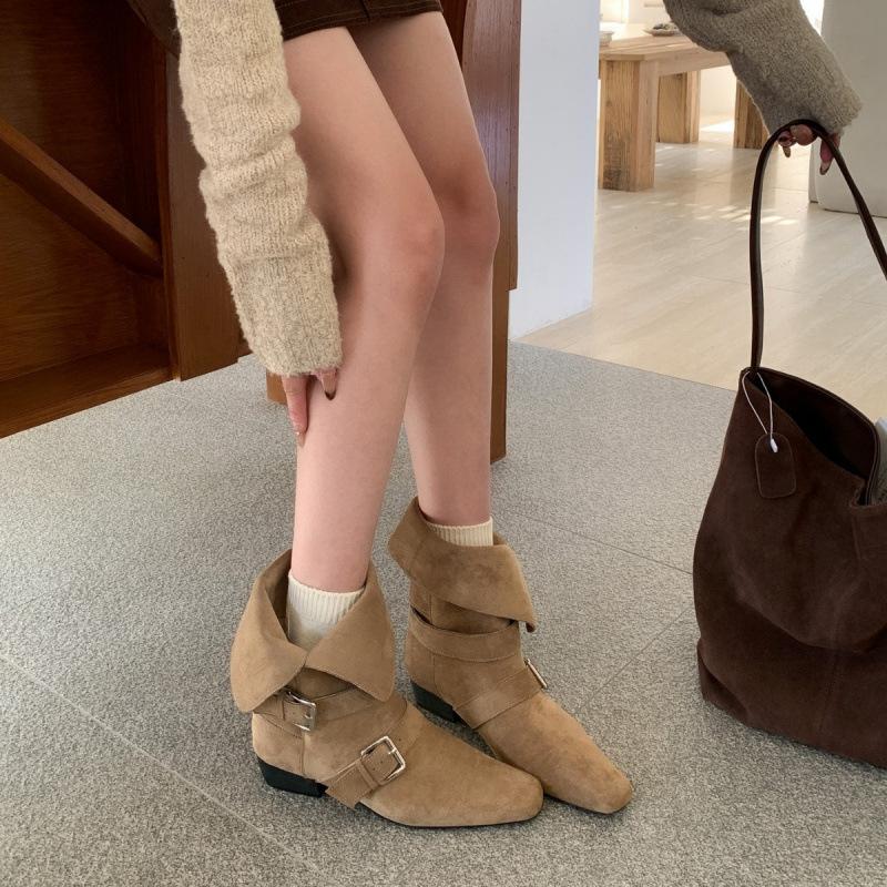 Thick Heel Retro Suede Thin Short Boots Knight Boots Women's Shoes 2025 New Autumn and Winter French Belt Buckle Medium Boots