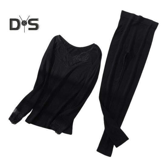 

1 комплект женского термобелья, осенне-зимний кружевной V-образный вырез, длинный рукав, рубашка, длинные брюки, теплая основа для холодной погоды, верхние леггинсы чёрный