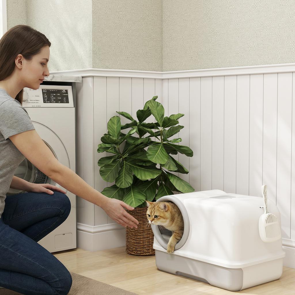Enclosed Cat Litter Box with Tray, Scoop and Deodorant Bags, in PP, 59x39.5x39.5 cm, White and Grey
