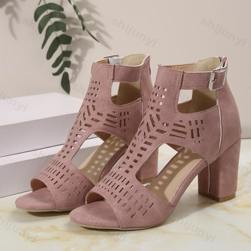 Women Strap Sexy High Heel Sandals Woman Roman Hollow Pumps Lace-up Peep Toe Sandals Casual Chunky High-heeled Sandals
