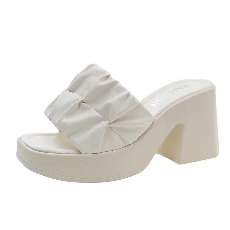 Ladies Shoes on Sale New Fashion Square Toe Anti-wrinkle Women's Slippers Summer High-heeled Casual Women Fish Mouth Shoes