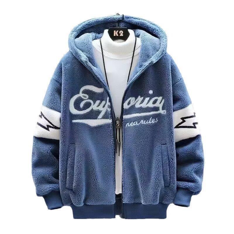 Lambswool Color Block Hooded Jacket for Men - Warm Fleece Patchwork Coat for Autumn & Winter