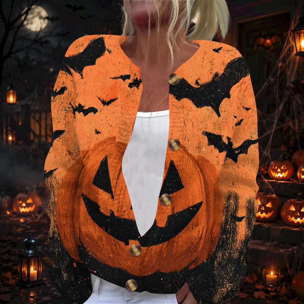 Women's Long Sleeve Halloween Print Cardigan with Button Front for Fall Festive Wear