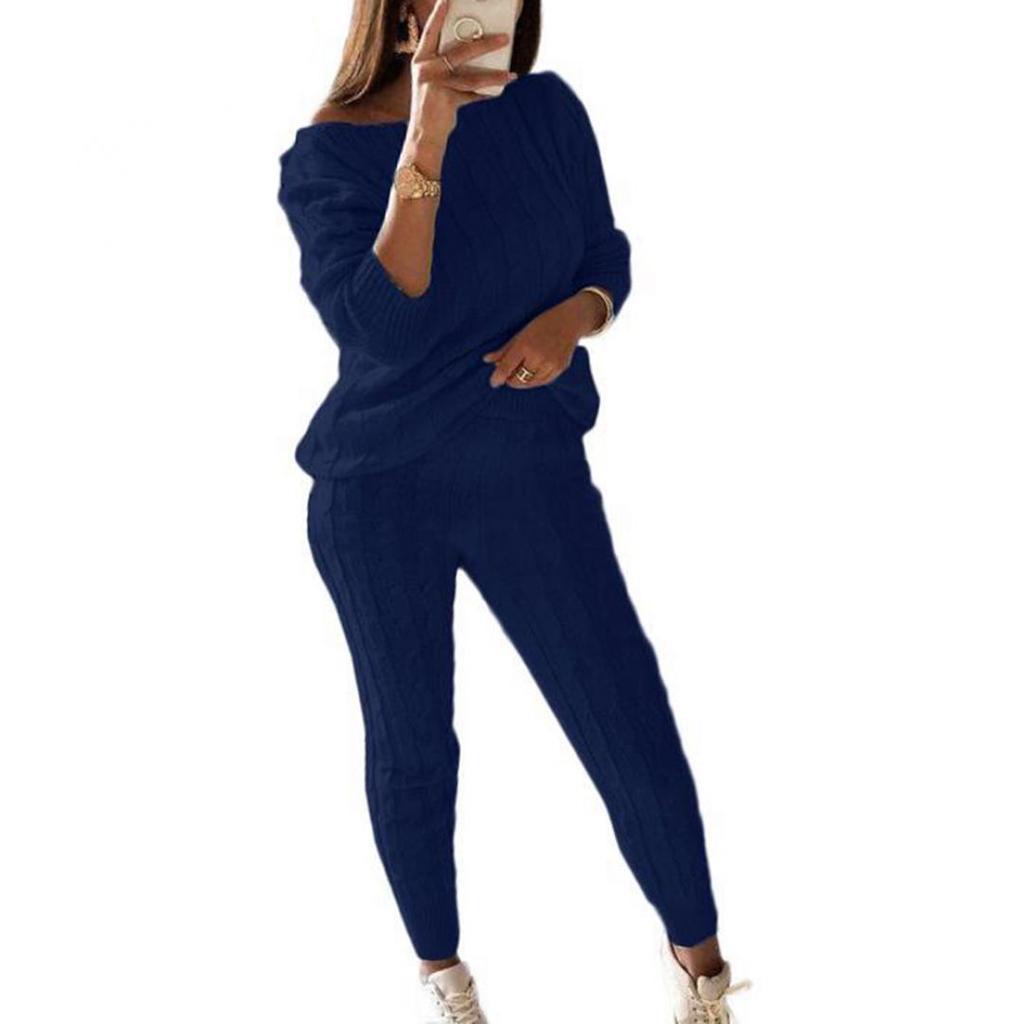 

2 шт./компл. женский однотонный свитер с открытыми плечами, трикотажные брюки 5XL