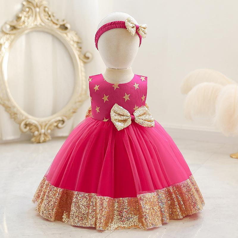 12M-6 Years Kids Girl Toddler Baby Sleeveless Stars Sequins Bow Knot Skirt Princess Dresses Summer Spring Autumn Children Tutu Christmas Ball Gown