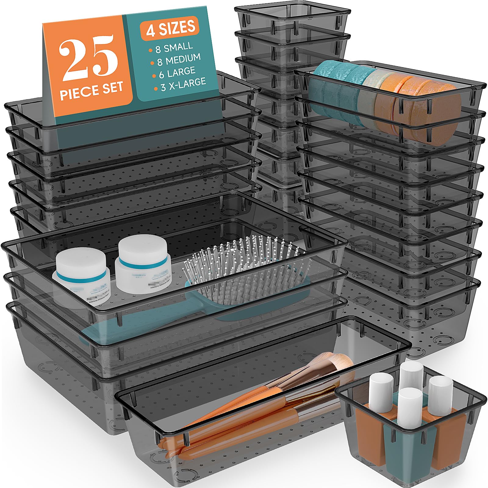 25 PCS Clear Plastic Drawer Organizer Set, 4 Sizes Desk Drawer Storage Bins for Makeup, Jewelry, Gadgets for Kitchen, Bedroom, Bathroom, Office