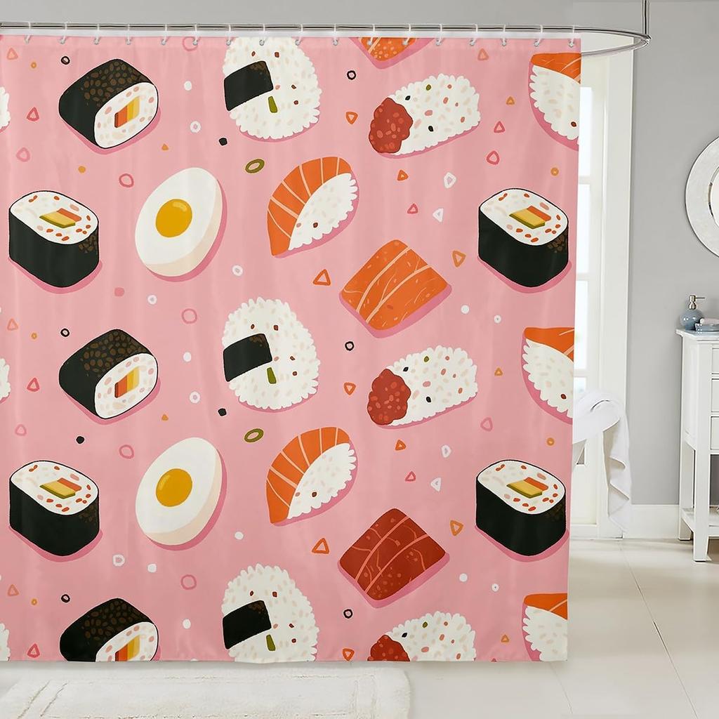 Ramen Noodle Shower Curtain Set Bathroom Decor for Kids Girls Boys,Japanese Style Bathroom Set Funny Food Fabric Shower Curtain