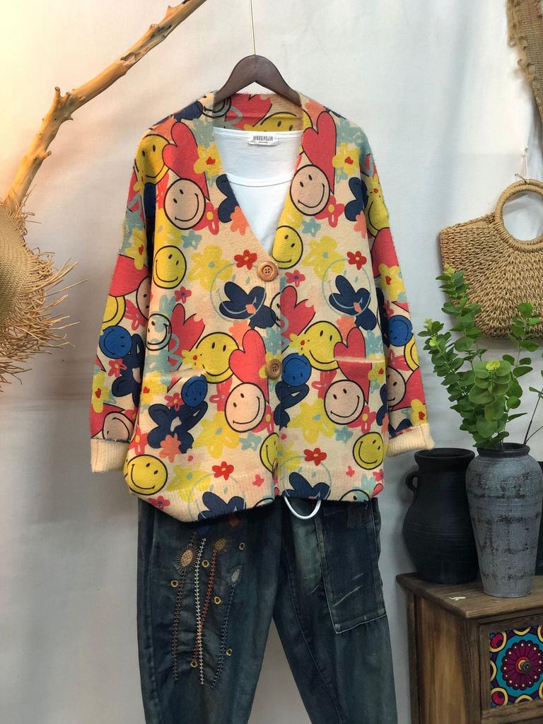 Factory new autumn and winter cute printed imitation mink velvet jacket women's Korean version loose lazy sweater