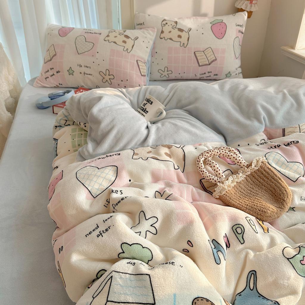Cartoon Cute Double-Sided Fleece Thickened Milk Fleece Four-Piece Set, Student Dormitory Three-Piece Set, Bedding