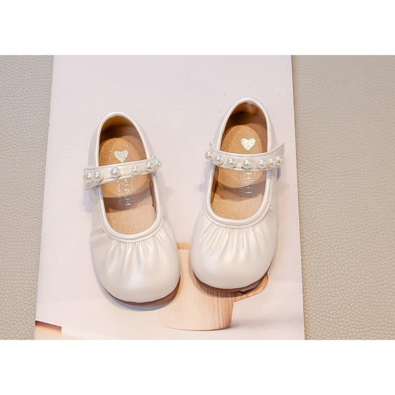 Kids Girls Solid Color Round Toe Pearl Velcro Mary Jane Princess Leather Flats