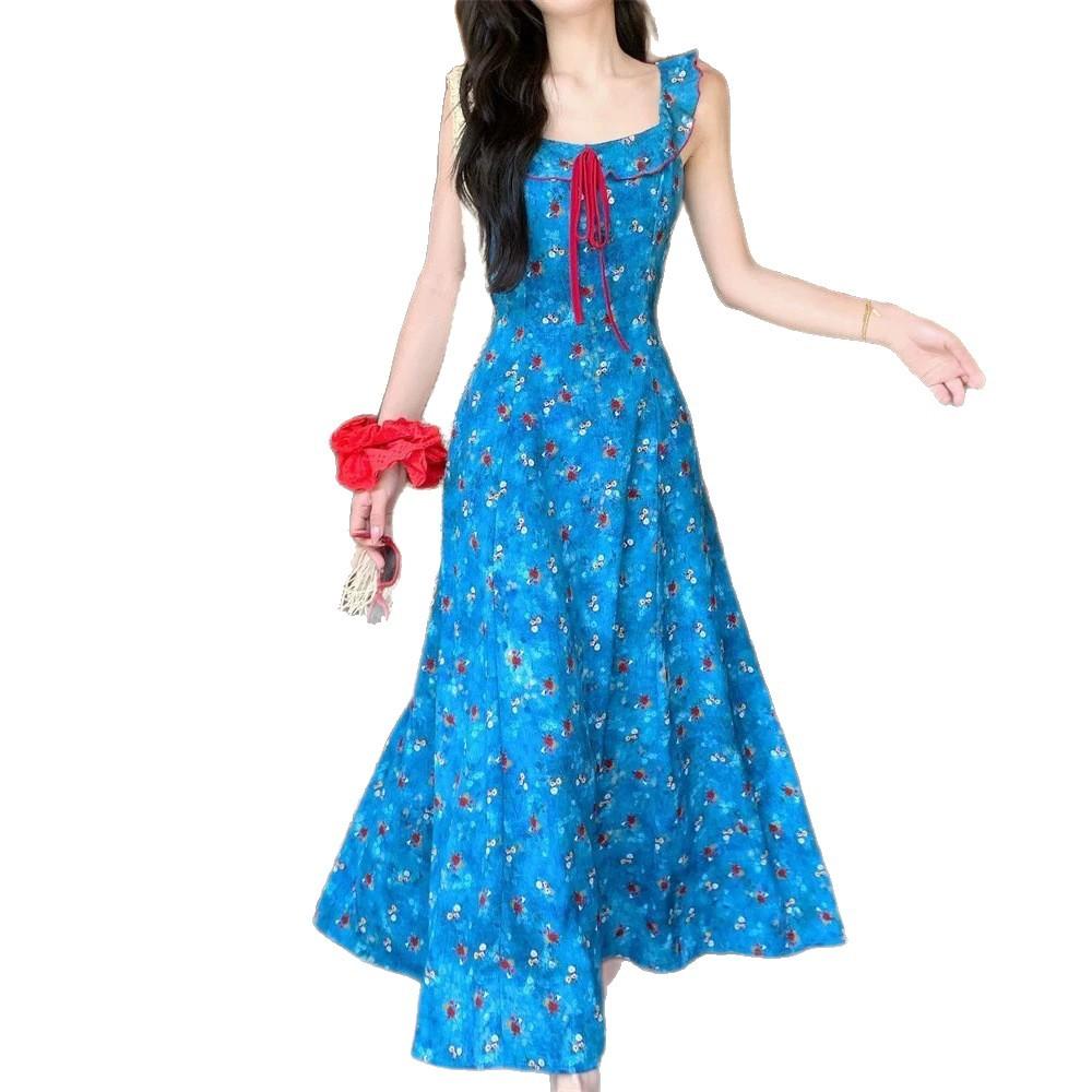 Seaside Vacation Wind Blue Floral Suspender Dress Women's Summer New Niche Pure Desire Wind Waist Thin Dress
