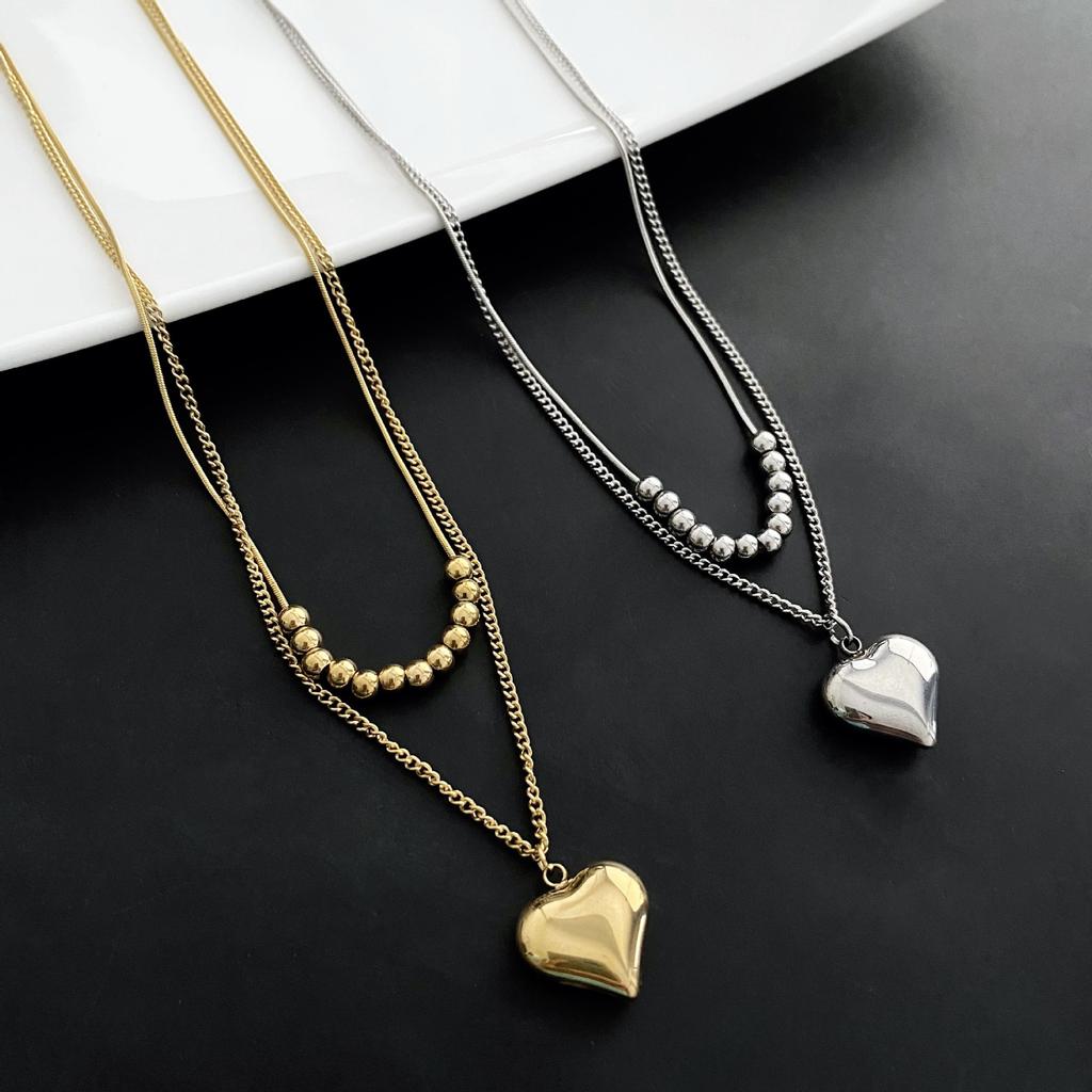 French Fashion Love Heart Double Layer Titanium Steel Clavicle Necklace For Women