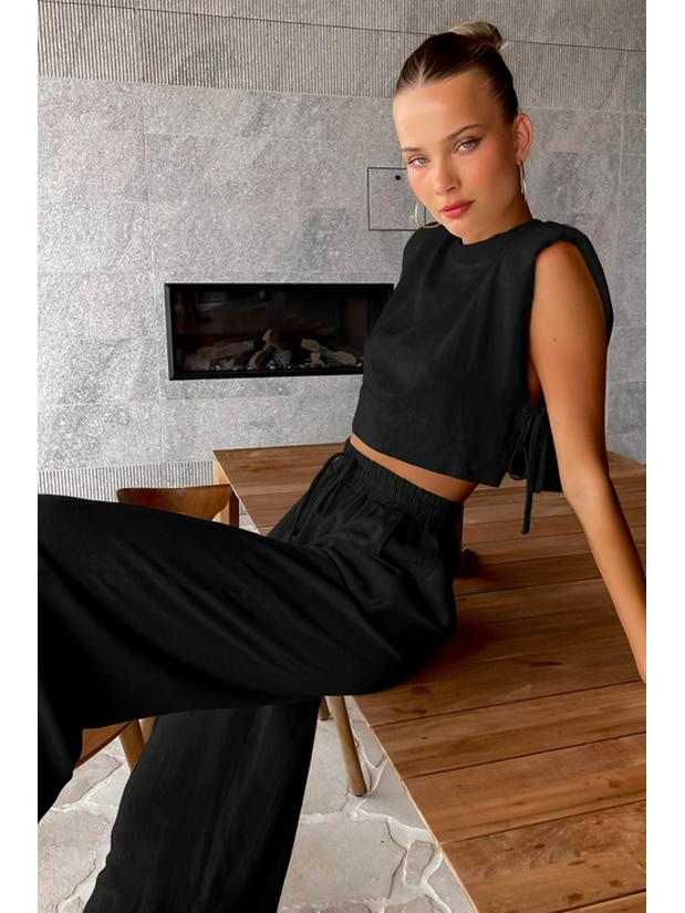 2024 Summer Women's Cotton Linen Two-Piece Set: Sleeveless Shoulder Pad Top & Trousers – European-American Casual Fashion