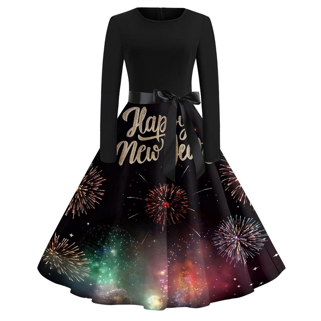 Women's Casual Fashion Round Neck Long Sleeve New Year Printed Retro Dress