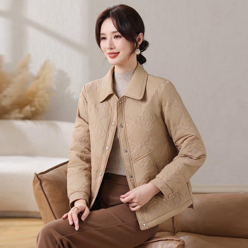 

Autumn and winter jacket padded cotton-padded jacket short women s warm lapel small cotton-padded jacket 5XL [Recommended 150-80 kg] абрикосовый