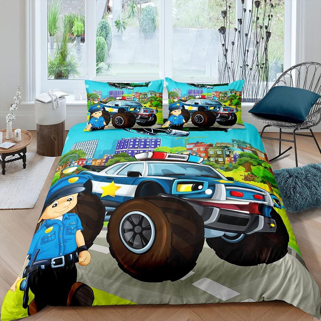Police Car Duvet Cover Cartoon Set Car Blue Grey Emergency Responder Vehicles Polyester Quilt Cover With Pillowcases King Size