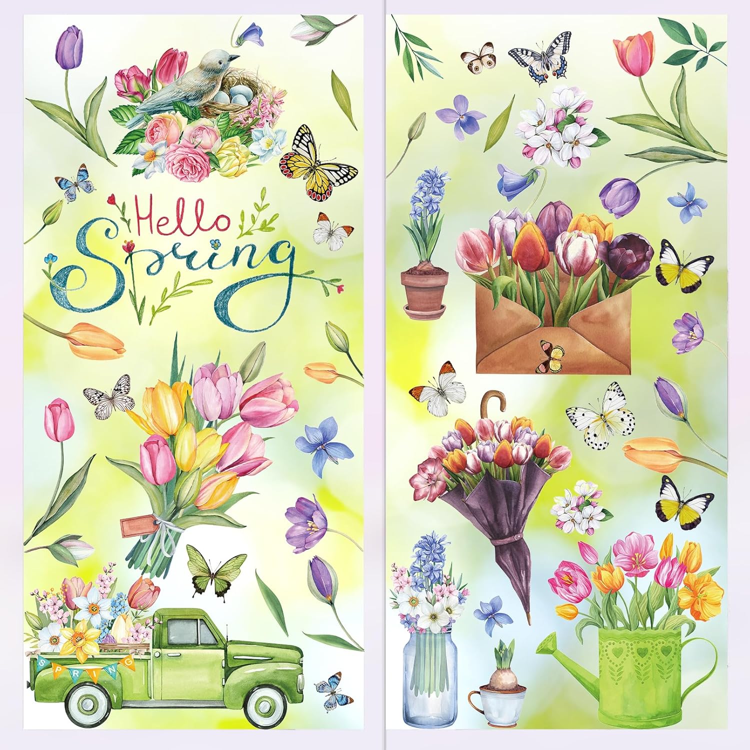 Spring Summer Window Clings Hello Spring Stickers, 97 Pcs Tulip Flower Butterfly Birds Double-Sided Window Decals for Home School Office Glass тюльпан