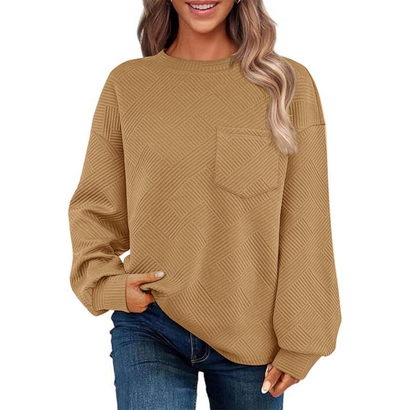 Autumn Winter Round Neck Solid Loose Casual Sweatshirt Women Long Sleeve Pocket Simple All-match Pullover Top