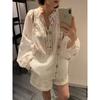 Yuan Pai, embroidered lace-up Tencel hemp crew neck shirt 1116 summer new lantern sleeves loose sunscreen top WC117