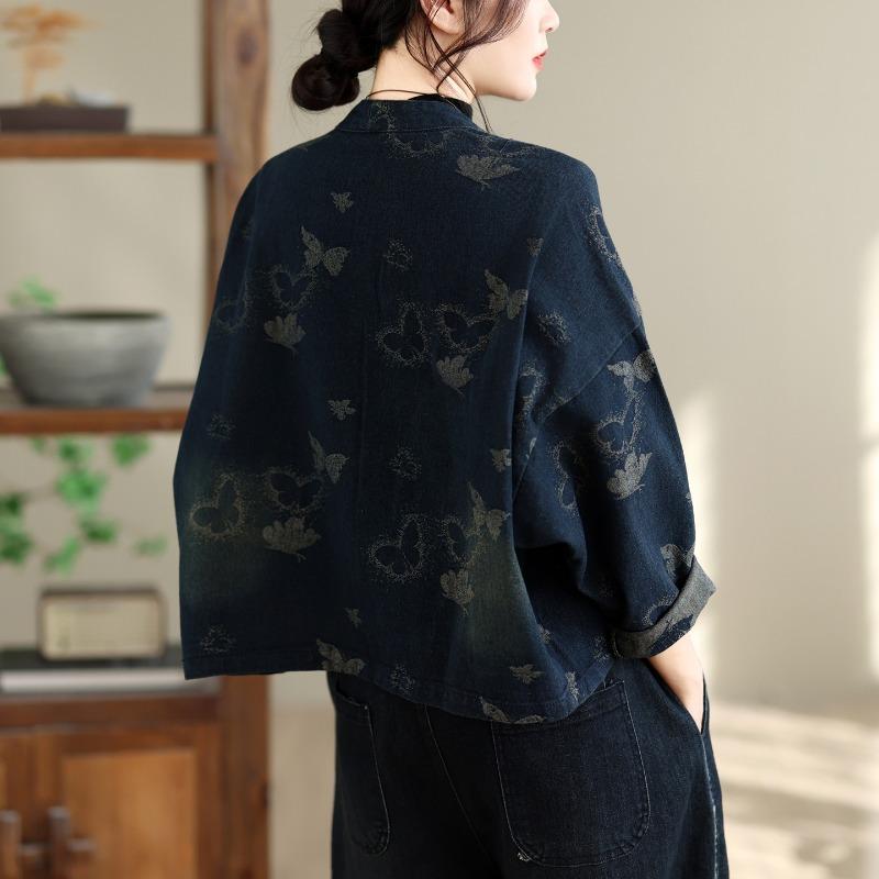 DIMANAF 2026 Autumn Winter Plus Size Women Denim Jackets Coat Casual Long Sleeve Blue Print Floral Loose Buttons Vintage Outwear