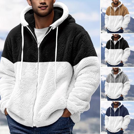 Men Hooded Fleece Jacket Adjustable Drawstring Long Sleeve Zipper Closure Coat Autumn Winter Warm Outerwear