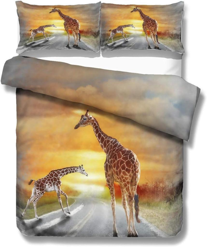Giraffe Couples Lovers Dating Duvet Cover Sets - Giraffes Balloon At Sunset Bedding Set with Zipper Closure for Kids and Adults