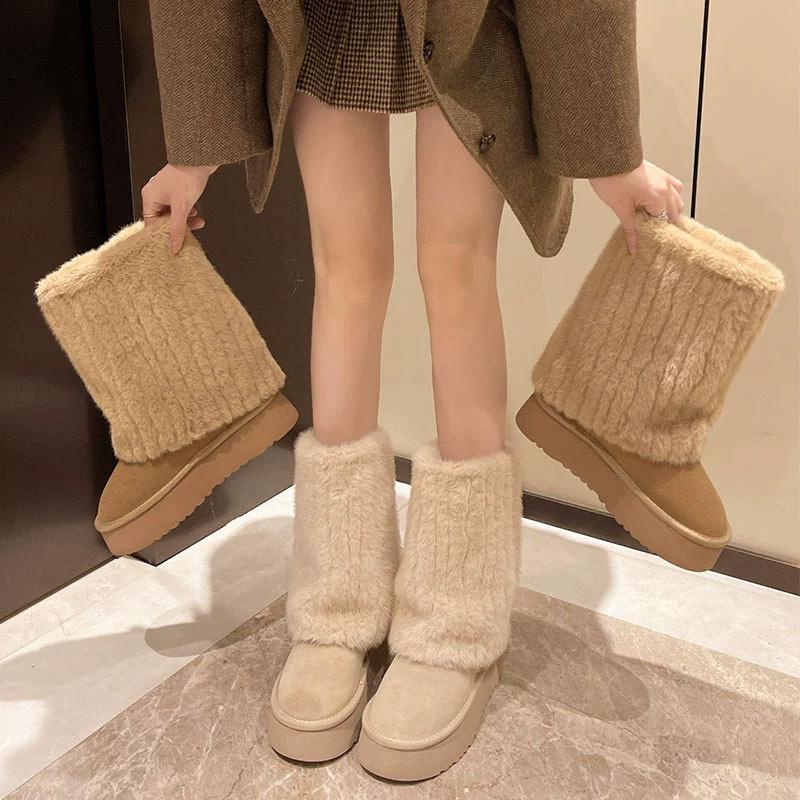 Women Snow Boots Mid-Calf Fur Integrated Winter Cotton Shoes Non-slip Faux Fox Fur Plush Thick Sole Fashion Furry