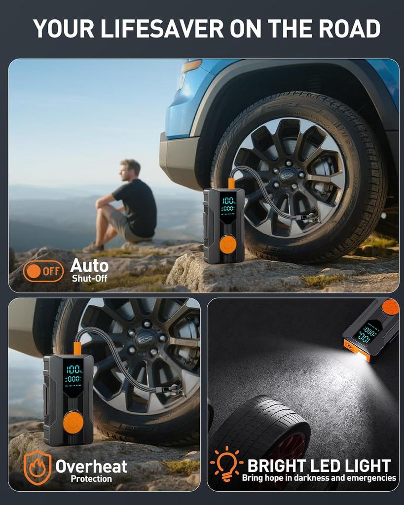 Portable 12V Jump Starter with Air Compressor, LED Light, Tire Inflator for Gas/Diesel Cars