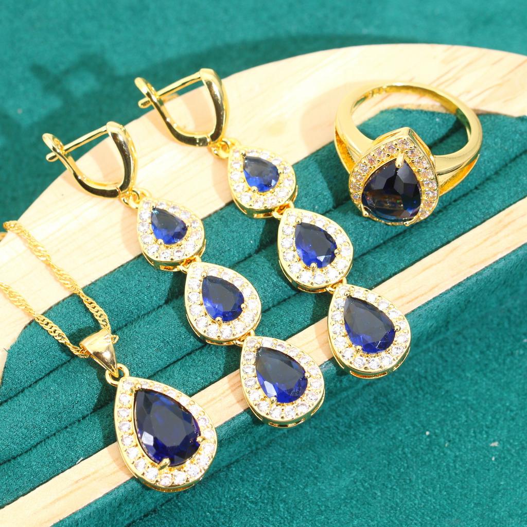 Biżuteria Niebieska Kropla Wody Cyrkonia Naszyjnik Kolczyki Pierścionek Bransoletka Zestaw Biżuterii