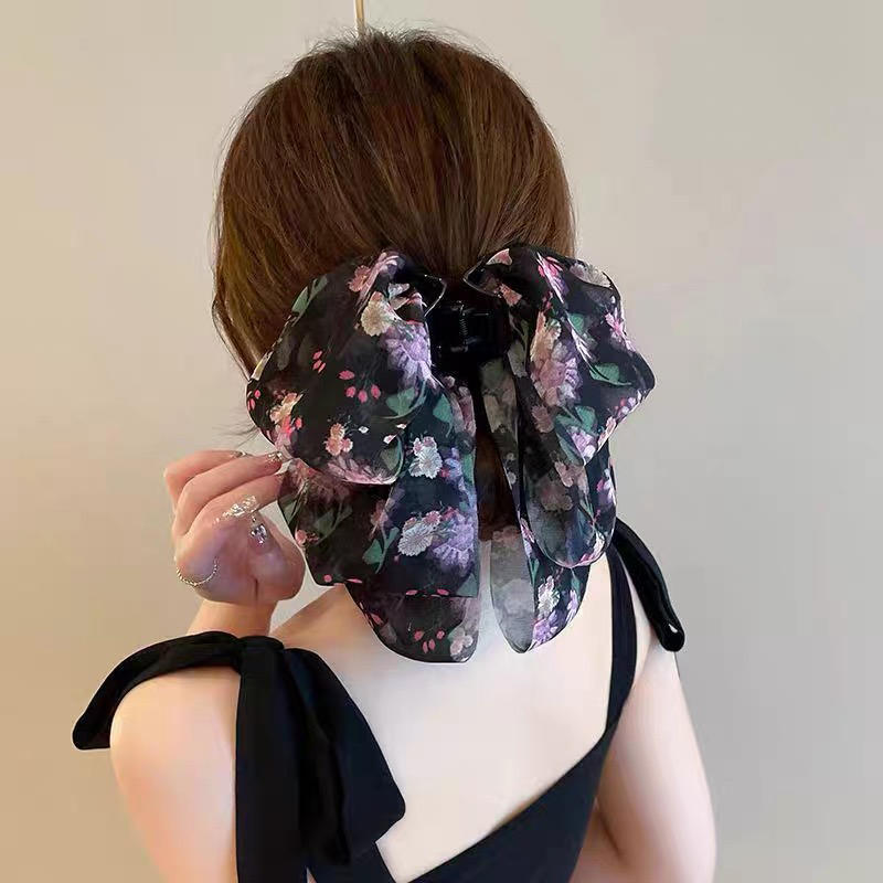 Elegant Women Large Bow Hair Claw Chiffon Big Bowknot Stain Bow Barrettes Hairpin Women Color Ponytail Clip Exquisite Sweet Hair Accessories