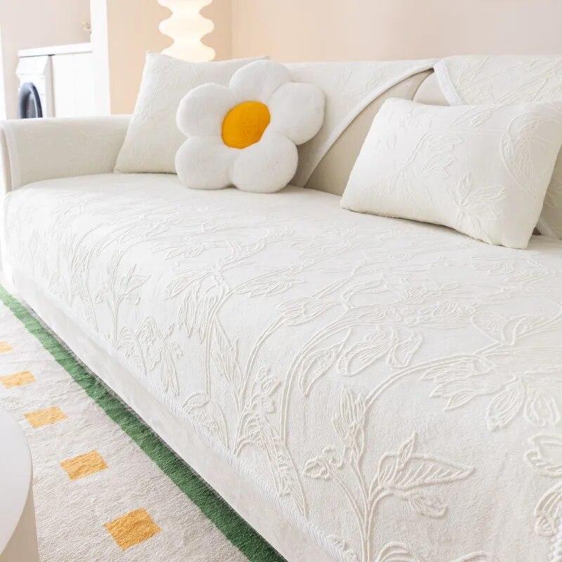 Solid Color Sofa Cover Branches Leaves Jacquard Sofa Cover for Living Room Milk Plush Universal Sofa Mat Non-Slip Couch Cushion