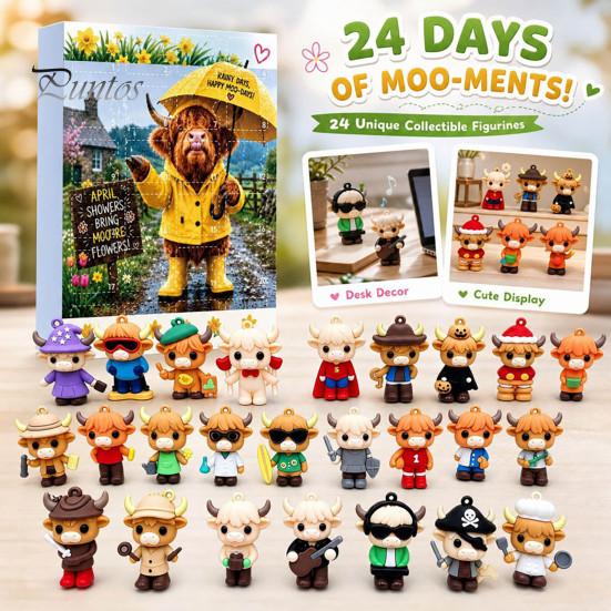 Милая мультяшная фигурка животного 3D Шотландская корова Адвент-календарь 2026, 24 дня Коллекционные фигурки Новогоднее украшение на елку Календарь обратного отсчета,
