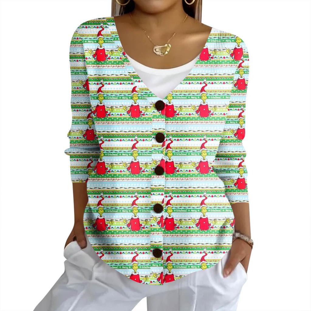 Women's Fashion Casual Knit Sweater Button-Up Christmas Print Cardigan Jacket