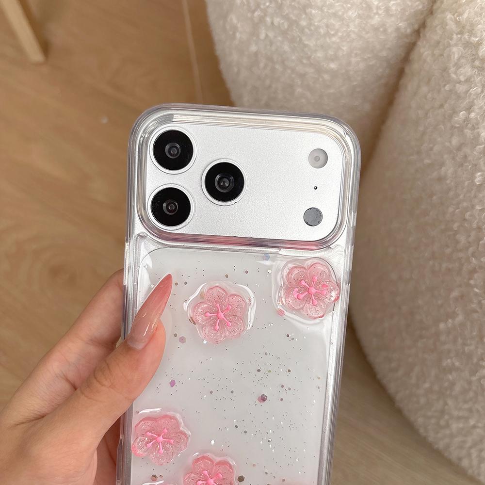 Lovely Pink Flower 3D Cherry Blossom Bling Glitter Phone Case For iPhone 17 Pro Max Air 16 15 13 12 11 14 Plus Clear Back Cover