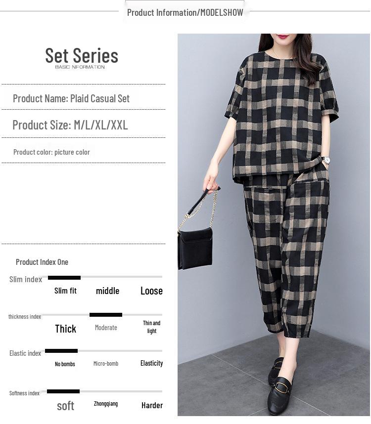 Women's Plaid Two-Piece Set: Summer Plus Size Casual Short Sleeve Top and Nine-Point Pants