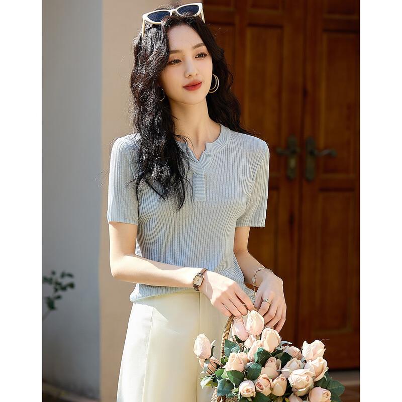 Demana Women's Summer Breathable Linen-Lyocell Blend V-Neck Knit Top